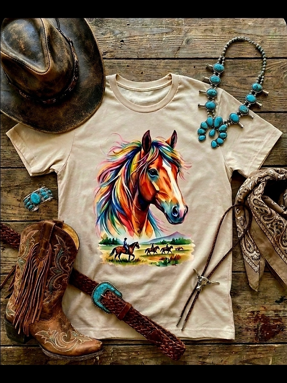 Colorful Mane Horse Tee • Western Cowgirl Graphic Shirt • Colorful Horse Art •